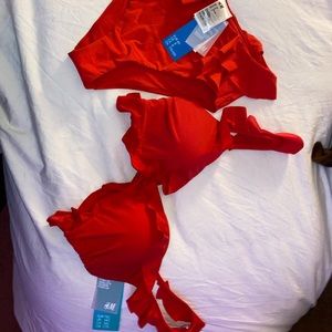 Red ruffled and high waisted bikini set